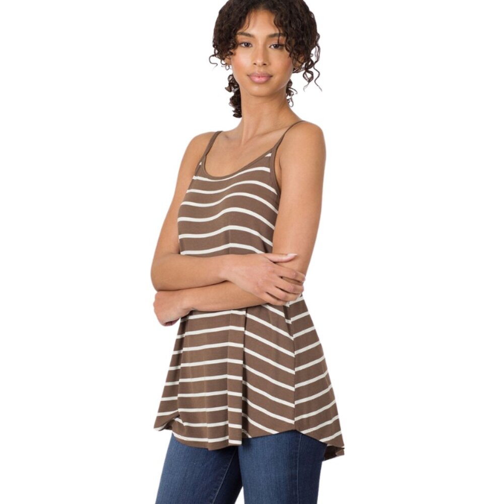 Zenana Striped Spaghetti Cami in Mocha 1X 2X